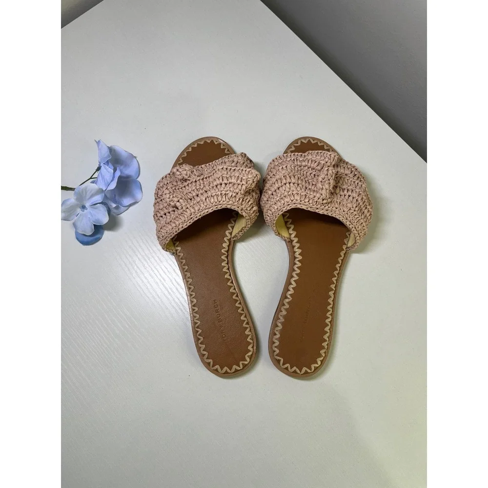 Tory Burch Ruffled Raffia Slide Sandals Natural Woven Flat 135087 Size 7M‎ w box